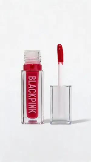 Gloss rouge BLACKPINK dans un flacon transparent, avec l’applicateur retiré et posé à côté sur fond blanc.