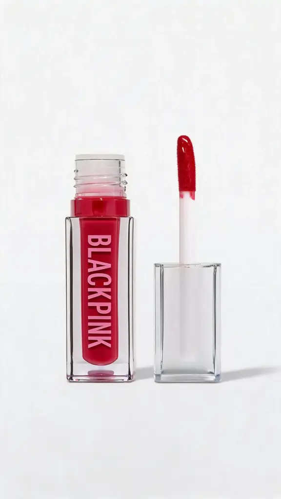 Gloss rouge BLACKPINK dans un flacon transparent, avec l’applicateur retiré et posé à côté sur fond blanc.