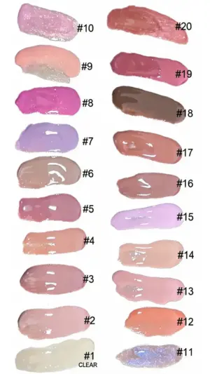 Vingt nuances de gloss brillants sont présentées en touches colorées sur fond blanc, avec des repères numérotés de #1 à #20.