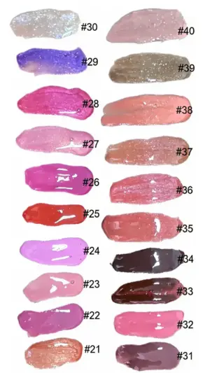 Nuancier de gloss vegan BLACK PINK avec dix-neuf touches colorées numérotées de #21 à #40, aux finis brillants.